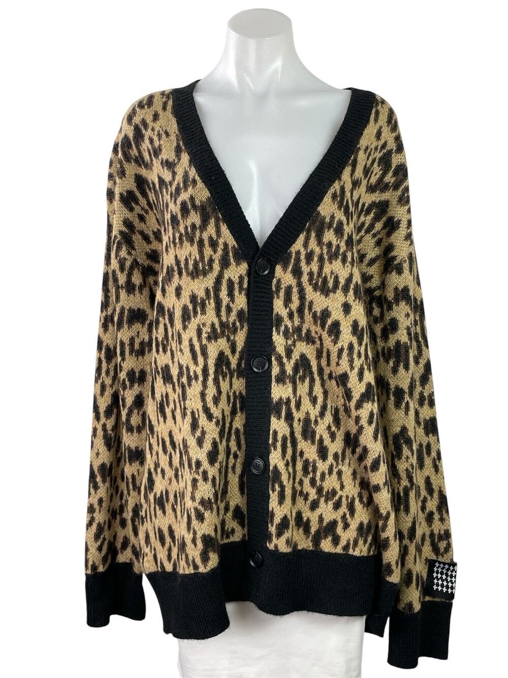 Ksubi Women's Beige Leopard Animal Wool V Neck Button Up Cardigan Sweater Top L